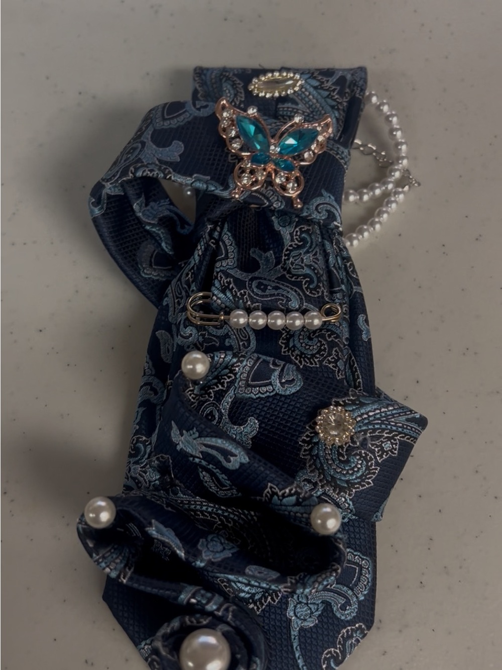 Elegant Navy Paisley Hair Bow with Pearl & Butterfly Accent